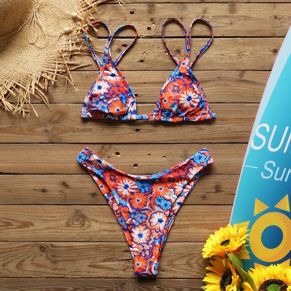2024 New Sexy Low Waist Bikini Set Two Piece Swimwear Women Swimsuits Print Floral Strappy Bathing Suit Beach Wear biquini Mujer