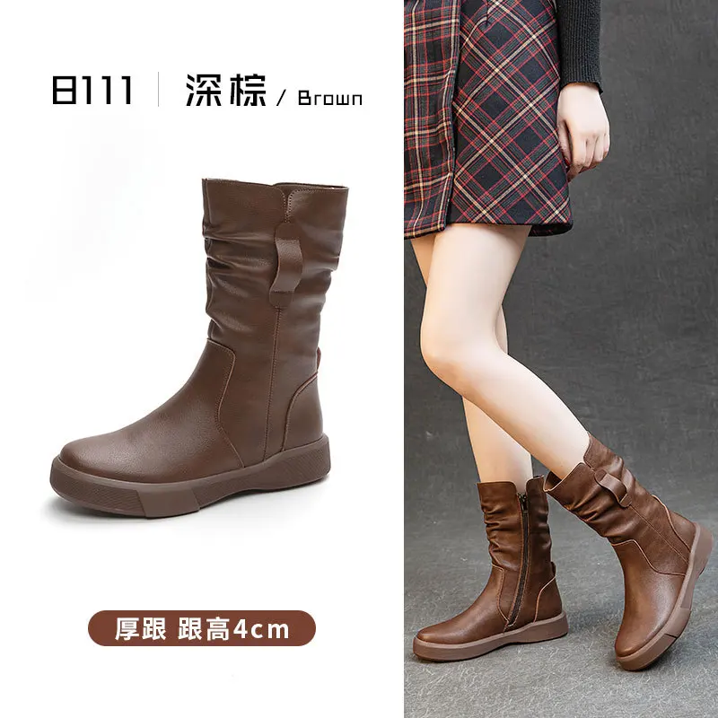 

Cowhide Women's Boots Autumn Winter Brown Midsole Boots Warm Thick Soled Women's Snow Boots