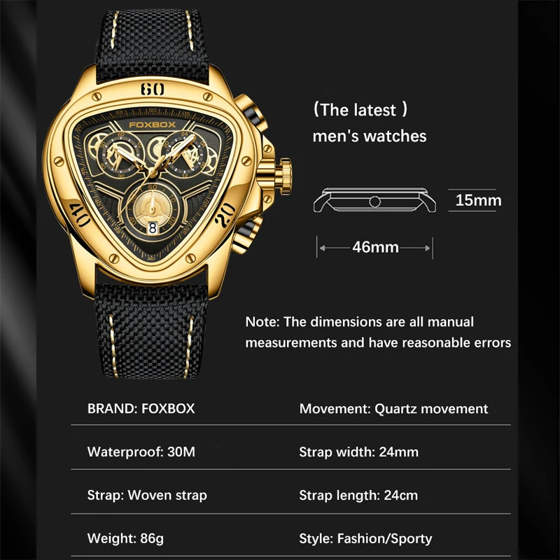 FOXBOX Triangle Golden Military Watch for Men Automatic Sport Mens Watches 2023 Top Brand Luxury Quarzt Wrist Watch reloj hombre