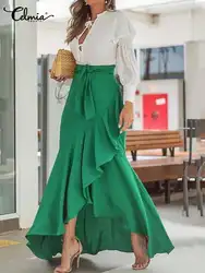 Summer Women Fishtail Skirts Fashion Party Maxi Skirt Celmia Summer High Waist Belted Casual Loose Asymmetrical Ruffles Skirts