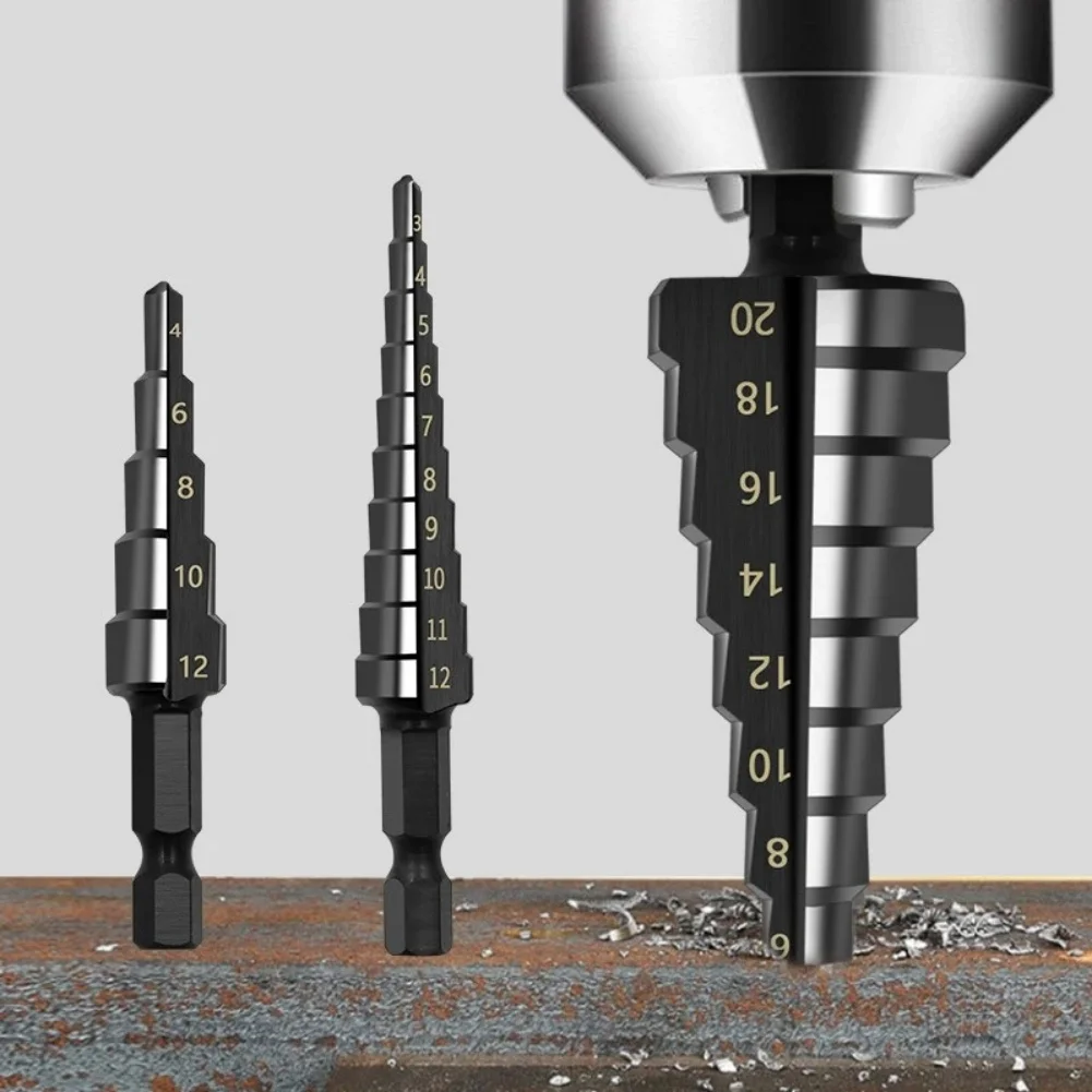 3-teiliger Stufenbohrer, HSS-Sechskantschaft, gerade Nut, schwarzer Stufenbohrer, 3–12/4–12/4–20/4–32 mm, Reibturm-Bohrwerkzeug-Set – Detail 3