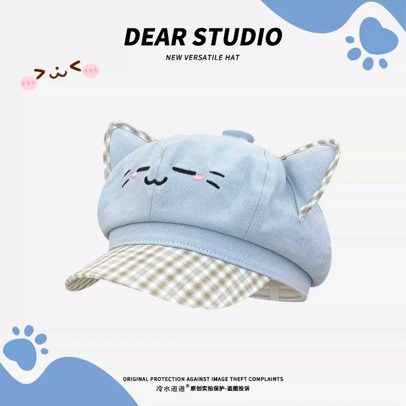 Cute Cartoon Embroidered Cat Ear Berets Y2K Spring Autumn Travel Sweet Versatile Personality Splicing Plaid Newsboy Hats Women