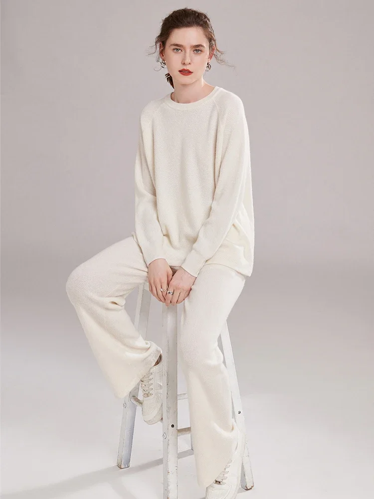 Tcyeek Women 100% Cashmere Sweater Pullover Pants Set Autumn Winter O-neck Pullover Wide Leg Pants Set Thick Comfy Clothes