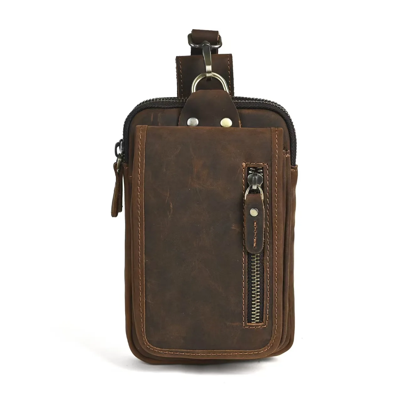 LION VERA Men's Genuine Leather Waist Bag 6-inch Large Capacity Zipper Hook Waist Bag Retro Commuter Bag Outdoor Phone Bag