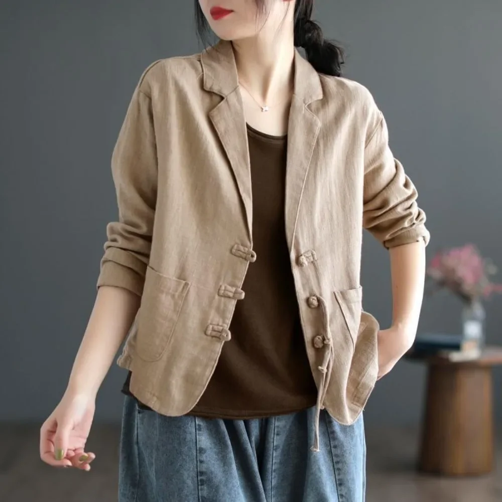 Thin Ethnic Style Blazer Women Coats Women Clothing Fashion Clothes Casual Vintage Spring Elegant Cotton Linen Streetwear Autumn