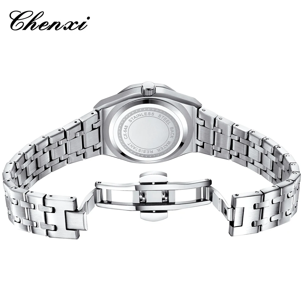 CHENXI Business Silver Steel Band Uomo Donna Coppia Orologio Moda Semplice Impermeabile Calendario Luminoso Orologi per Coppie al Quarzo