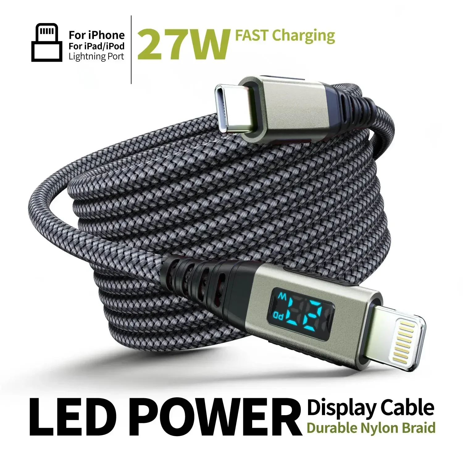 MFI-zertifiziertes 27W USB-C-auf-Lightning-Kabel mit LED-Anzeige für schnelles Laden, kompatibel mit iPhone 14/13/12/11/10 Serie, iPad Pro/Air