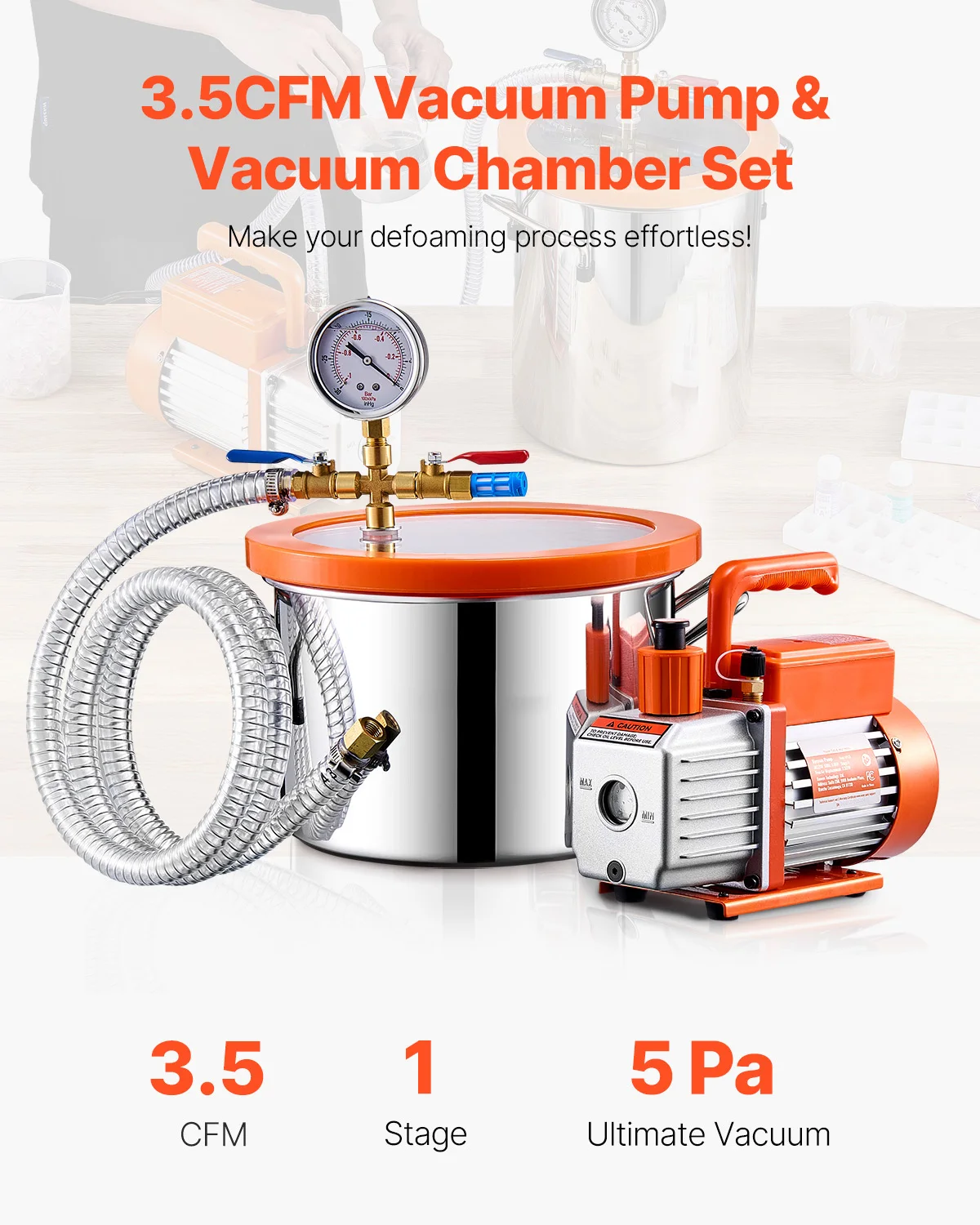SucceBuy 1.5 / 3 / 5 Gallon Vacuum Chamber & 3.5CFM Single Stage Pump Kit with 4.92ft Hose for Degassing Resin Silicone Epoxies