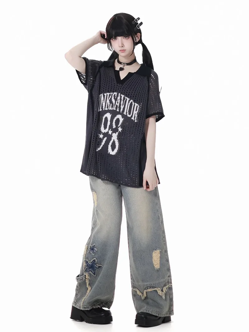 American Retro Jeans Washed Stars Thin Legs Waist Chain Original Design Trousers Women's Zipper High-waisted Denim Pants Clothes