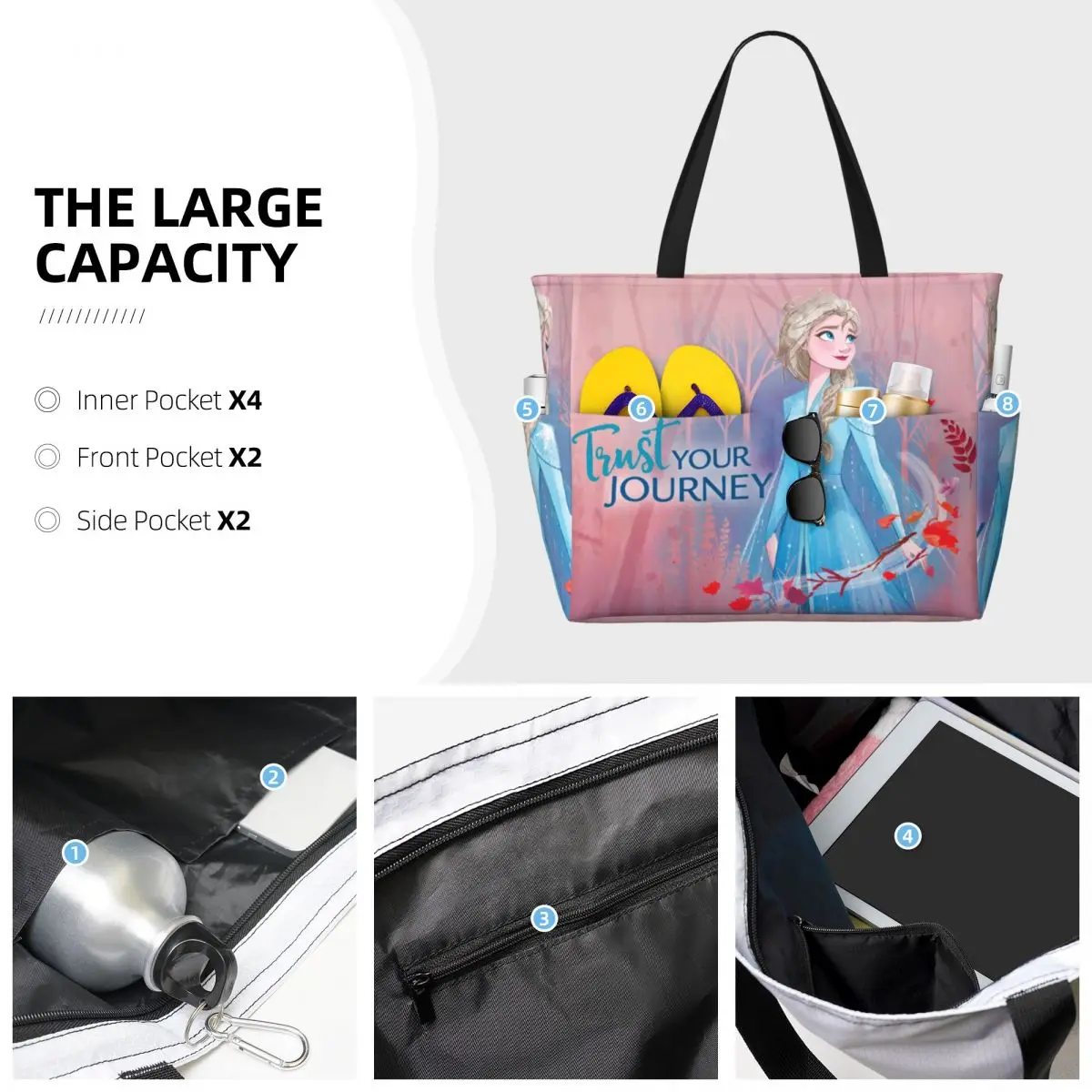 Custom Elsa Princess Frozen Beach Tote Bag Women Extra Large Gym Carry On Animated Movie Travel Shopping Bags