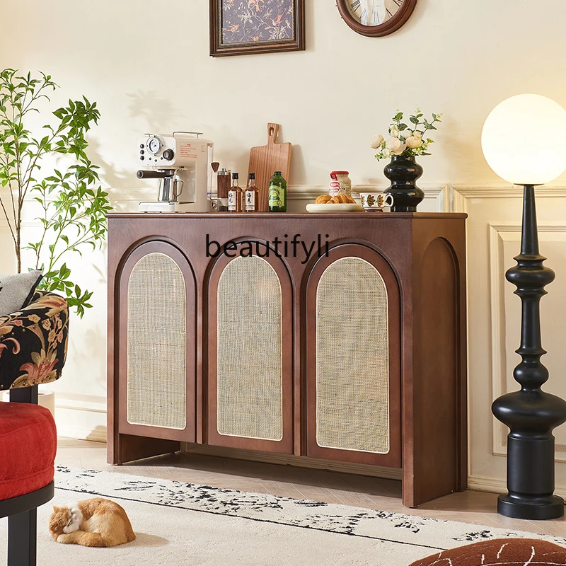 

French retro solid wood dining side cabinet integrated storage against the wall Entrance cabinet foyer tea cabinet