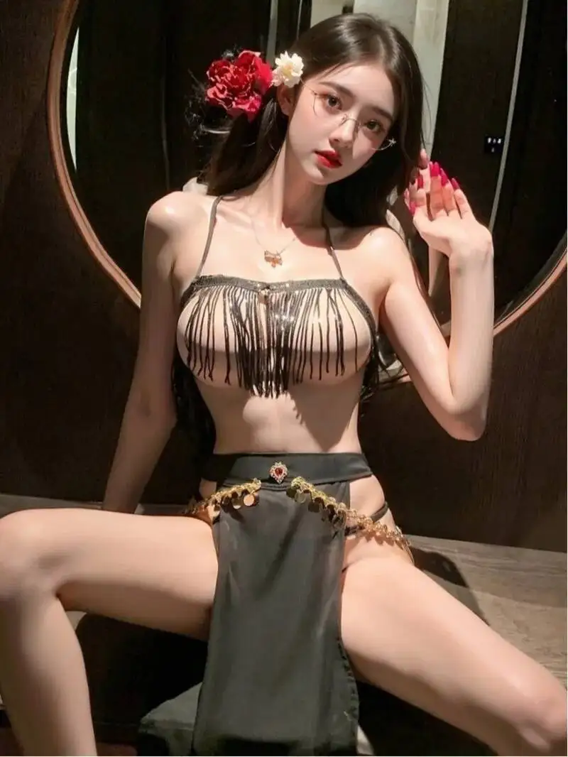 

Китайский ретро-стиль, майка с кисточками, горячая сексуальная женская сексуальная униформа для ночного клуба, костюм светской львицы, экзотическая танцовщица, комплект из двух предметов с юбкой Z0F3