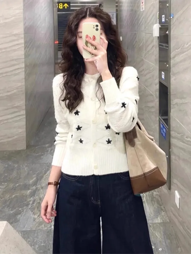 

Ele ort Knitted Open Cardigan Women's Casual Sle Embroidered Top Versatile Spring Autumn Faion Outerwear Sweater