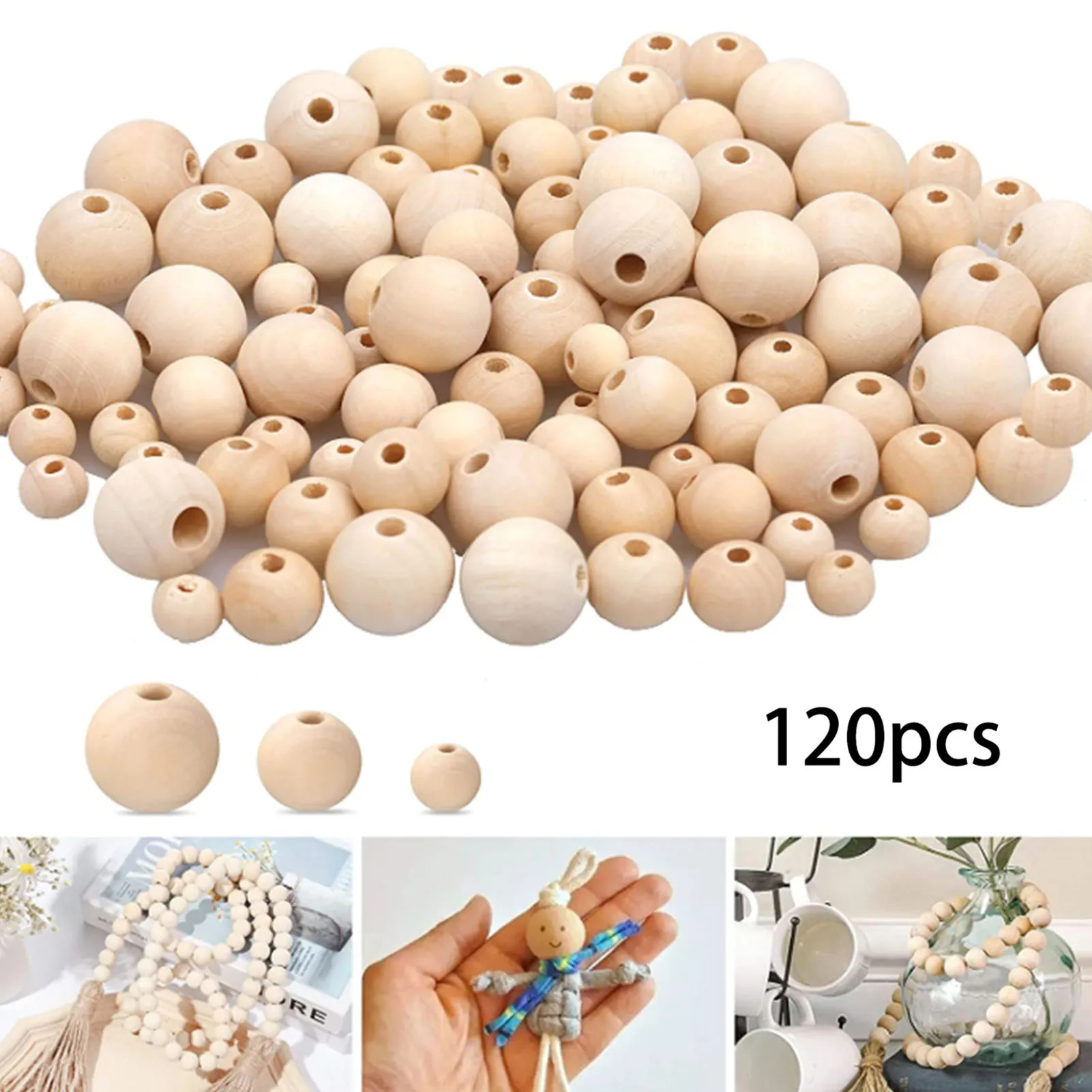 120PCS Handmade Wooden Beads with Hole Durable Natural Wood Beads for Making Necklaces Bracelets