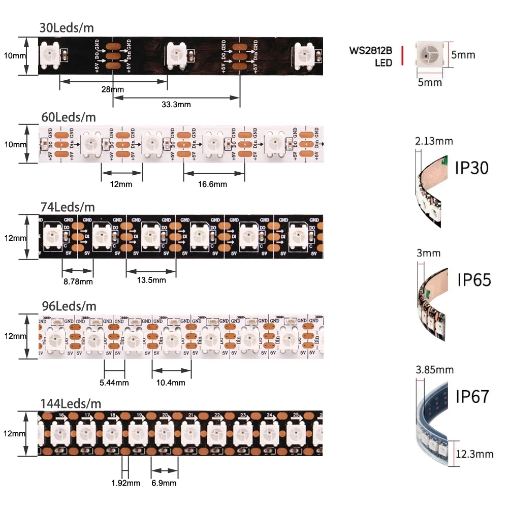 Imagem -04 - Fita Led Rgb Endereçável Individualmente Luz Smart Pixels Ws2812 5050 Pcb Ip30 65 67 15m Dc5v Ws2812b