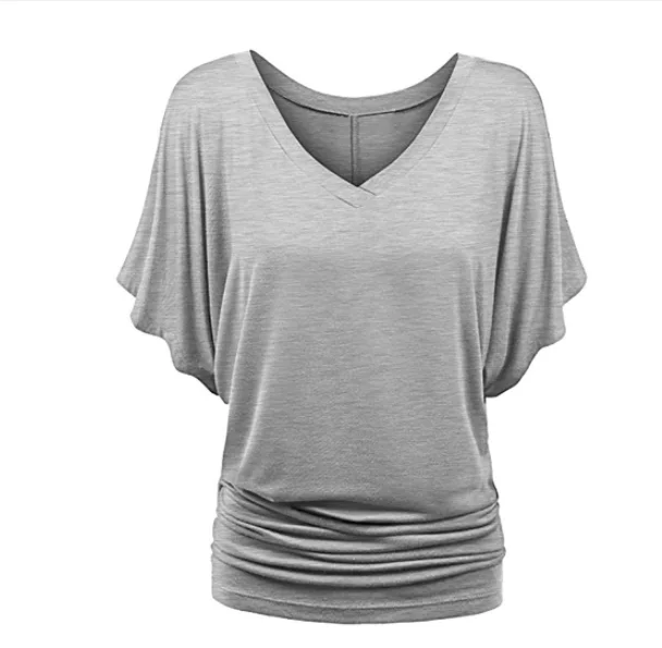 2022 Women Summer T-shirt Ruched V-Neck Batwing Short Sleeves T shirt Solid Casual Loose Female Tops Tees