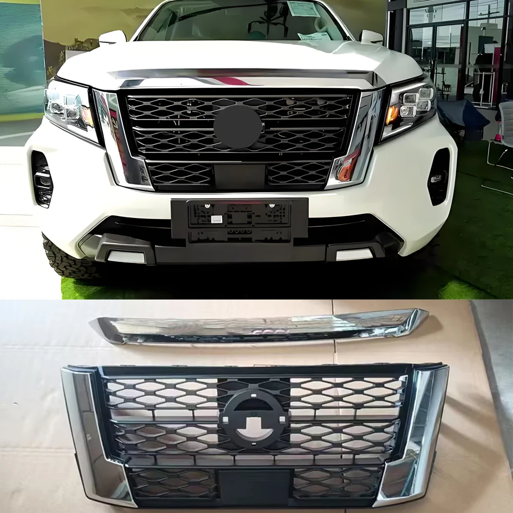 

Car Front Grille For Navara Frontier Np300 2021 2022 2023 Exterior Parts Racing Grills Bumper Mask Cover+Bonnet Scoop Hood Trims