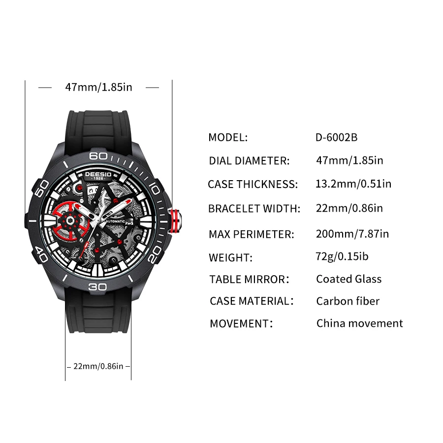 Deesio Carbon Fiber Case Automatic Mechanical Movement Calendar Function Luminous Waterproof Casual Handsome Men\'s Watch Gifts