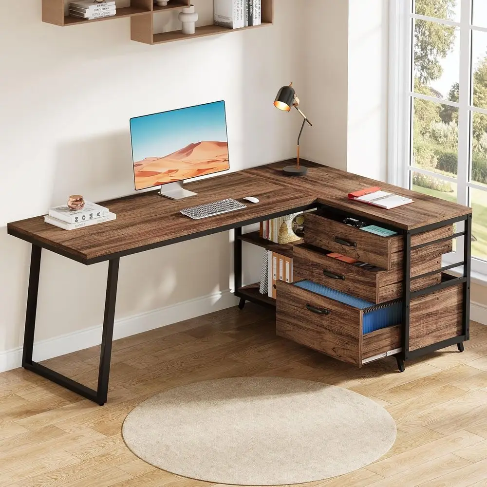 

Brown L-Shaped Corner Desk with 3 File Drawers and 2 Shelves for Home Office, Study, and Gaming