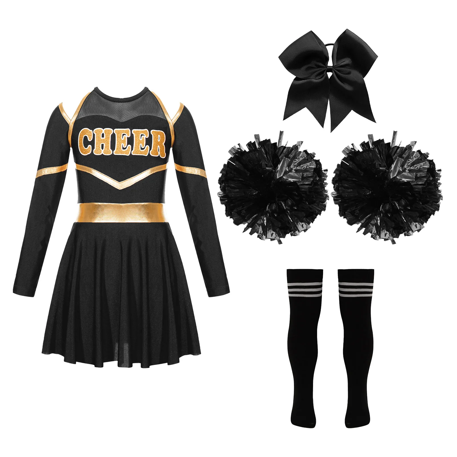 Ragazze Cheerleading uniforme Costume da ballo bambini Cheerleader vestito vestito con pon pon fiocco fermaglio per capelli calzini regali per feste di compleanno