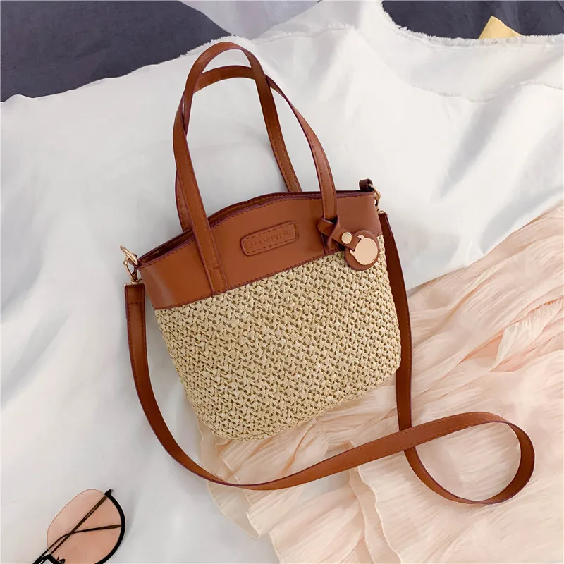 Neue Damen Gewebte Tasche PU-Leder Patchwork Umhängetasche Sommer Strand Shopper Schultertasche Urlaub Reisetaschen S/L – Detail 7