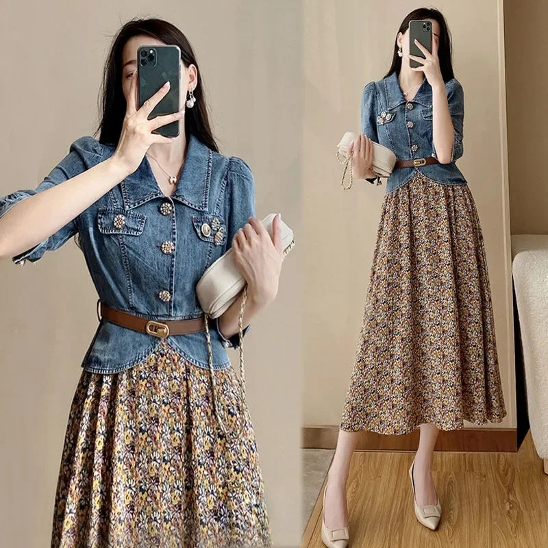 

2026 Женская джинсовая куртка с короткими рукавами в стиле ретро, женская макси-юбка с цветочным принтом, 2 шт., весна-лето, женское джинсовое пальто, костюм из двух предметов