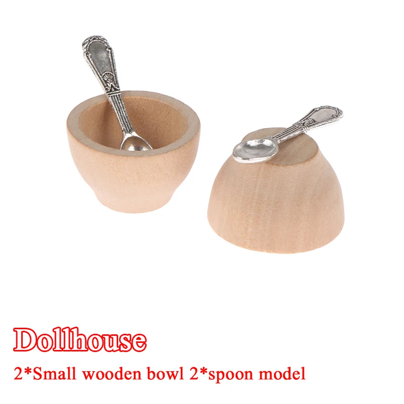 4Pcs/Set Dollhouse Miniature Furniture Small Wooden Bowl Spoon Model DIY Accessories