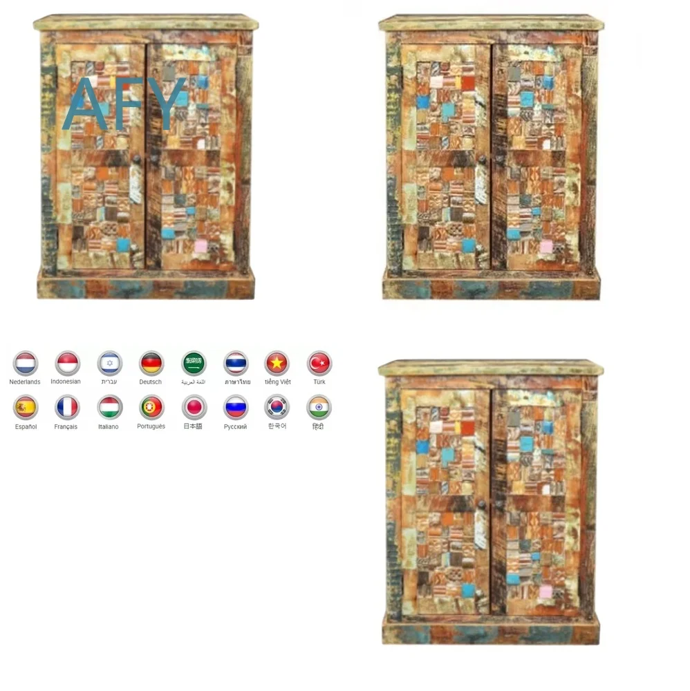 Rajasthan Style Antique Hand Painted Living Room Cabinet for Indian Home Decor Double Door Luxury Classic Furniture for