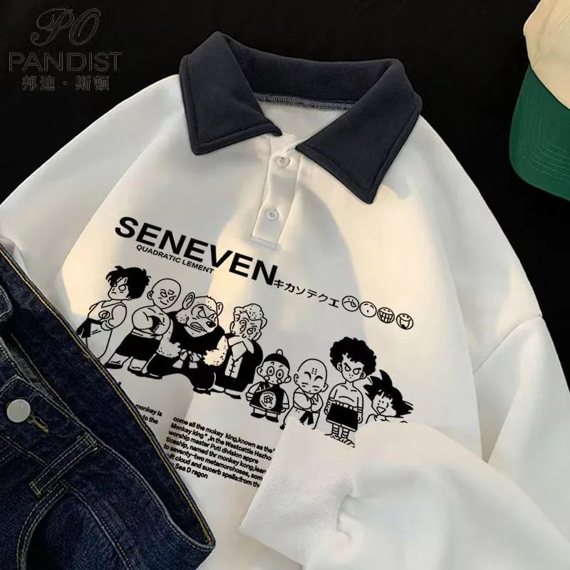 Japanese Funny Comics Graphic Hoodies Men Polo Shirt Loose Oversized Sweatshirt Women Y2k Aesthetic Autumn Preppy Student Tops