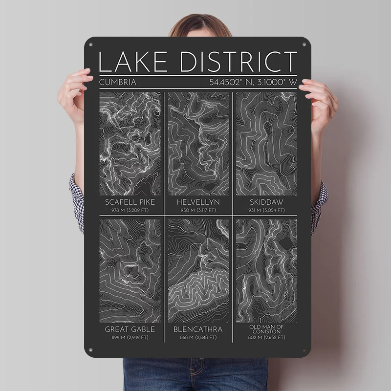 Lake District Mountains Topographic Contour Map Tin Plaque Poster Customized Retro Wall Art Vintage Metal Signs for Room Home