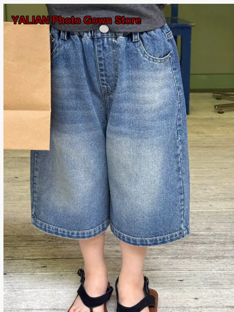 Girls Denim Capri Shorts Kids Summer Distressed Faded Light Wash Casual