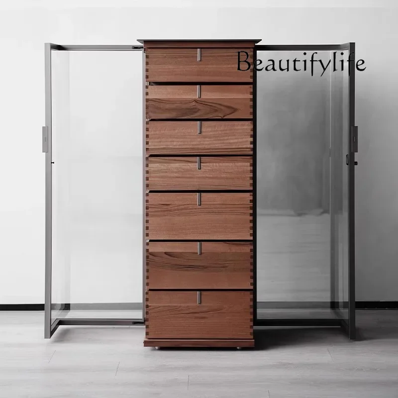 Black walnut locker tempered glass seven-chest cabinet living room wall solid wood Italian storage cabinet