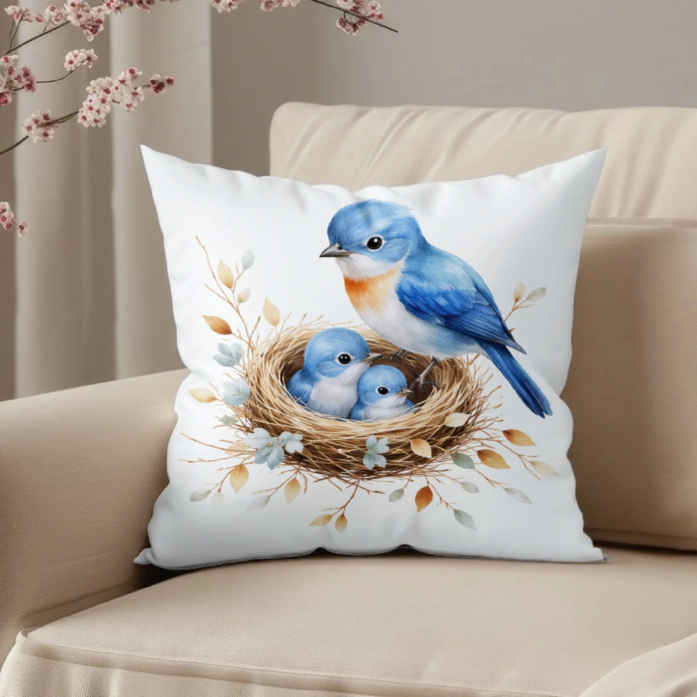 Cushion Cover White Blue Bird Nest With Chicks Floral Design For Living Room Bedroom Decor