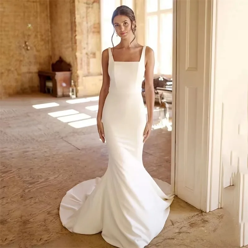 OL Customized Simple A-Line Wedding Dresses To Measure S Mermaid Wedding Dresses Women Open Back Square Collar Spaghetti Straps