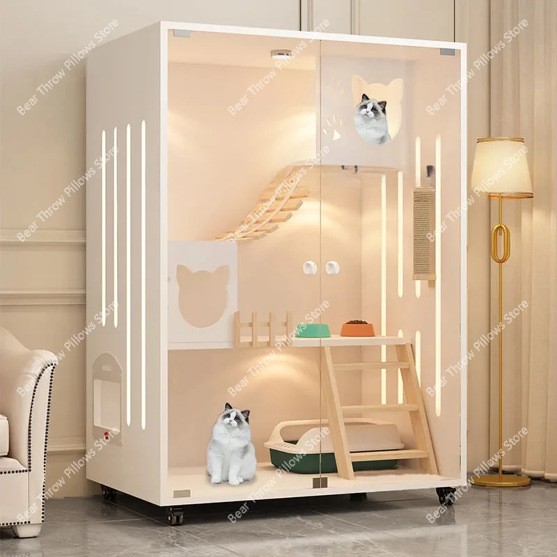 

Cream-style Cat Cage for Pet Shop Density Board Cat House Double-layer Large Space Glass Door Light Luxury Simple Cage for Cats