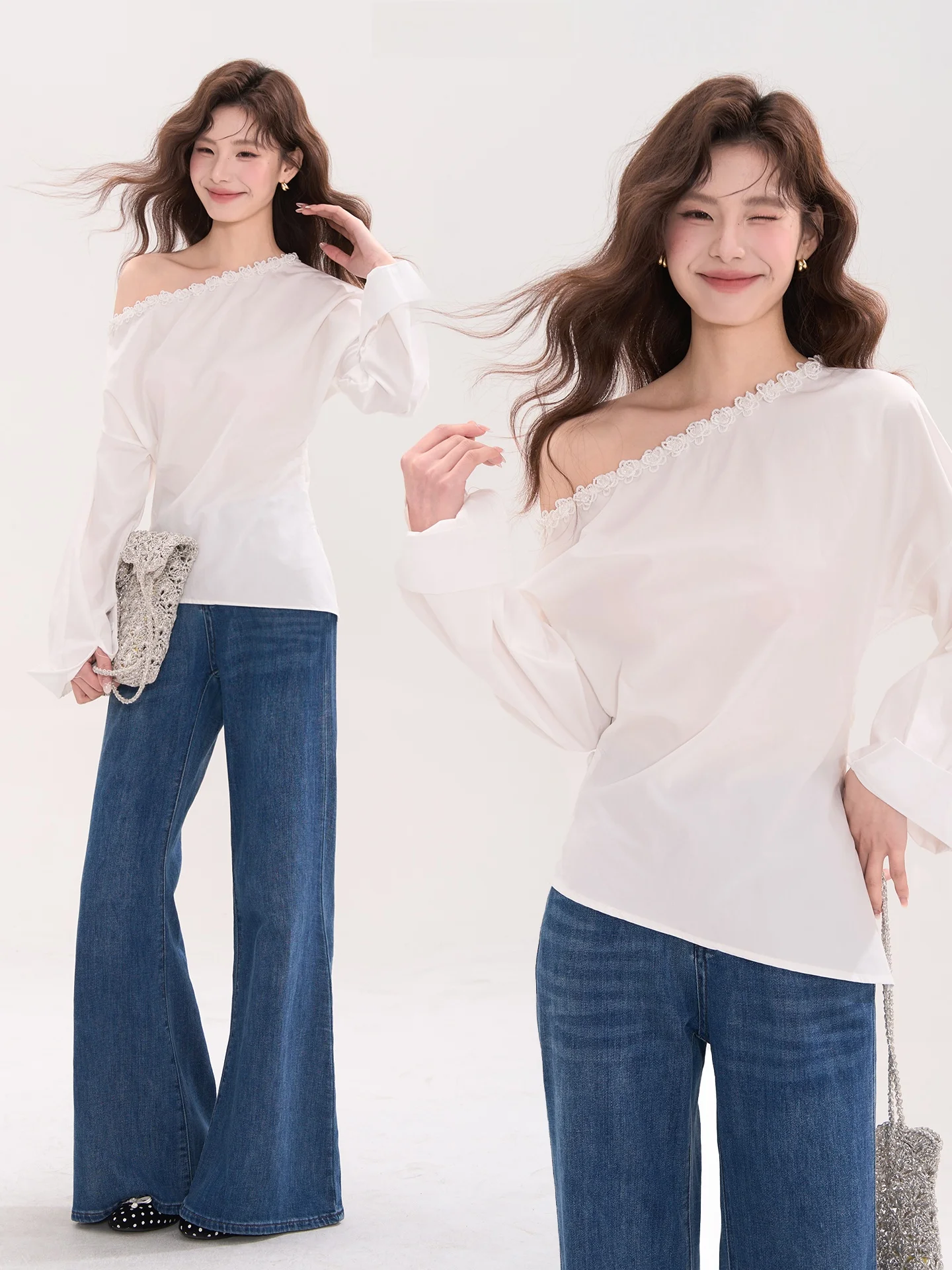 

Heme Casual Sle Women's irt Long Sve Lace Decorated Silk Blend Fleaded Slant oulder Pleated Casual Top Spring