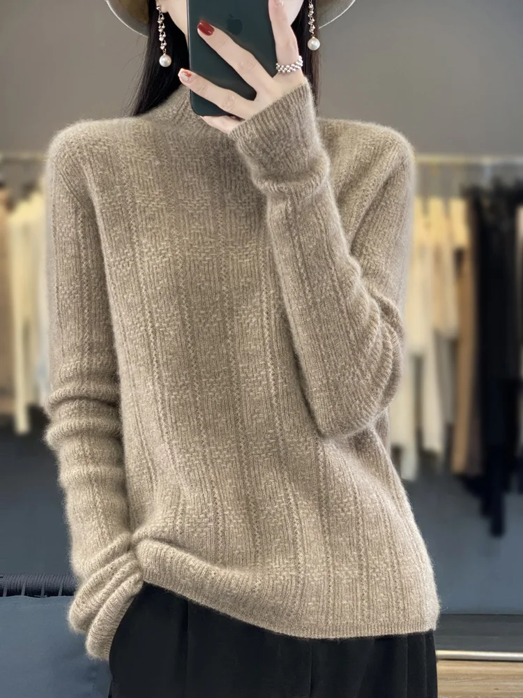 

Women's Sweater Mock Neck Pullover 100% Merino Wool Knitwear Warm Cashmere Long Sleeve Cozy Autumn Winter Female Clothing Tops