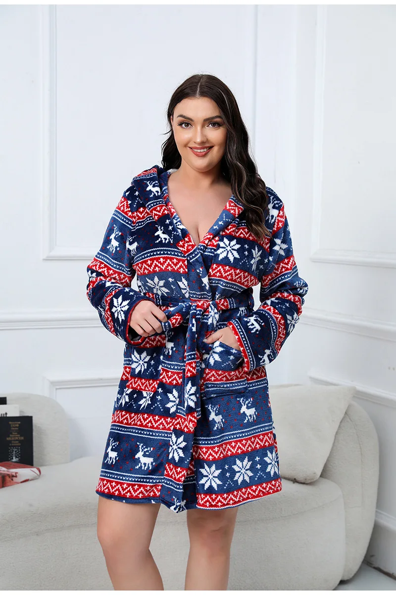 Plus-size Flannel Christmas Robe Thicken Lace-up Bathrobe Xmas Pajama Pijama Santa Claus