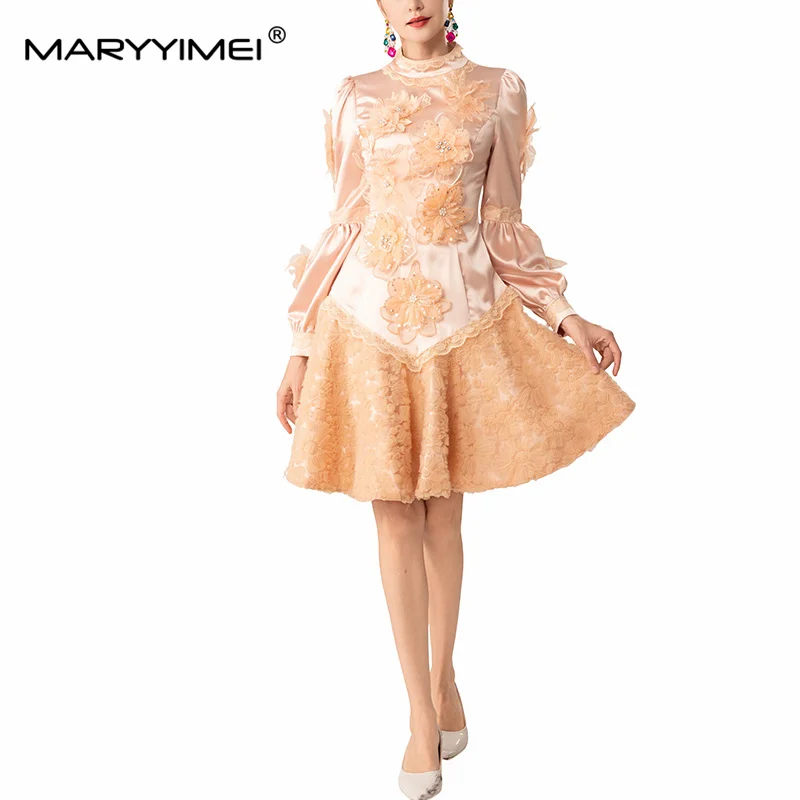 MARYYIMEI Stitched Beaded Flower Ceremonial Dress Stand Collar Long Sleeve Waist Dress 2026 Autumn Women's New Style