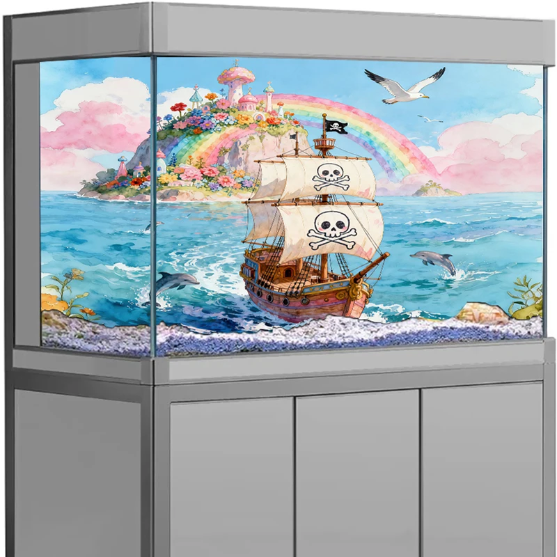 

Rainbow Pirate Ship Aquarium Background Sticker Wall HD Painting Wallpaper Fish Tank Backdrop Decorations PVC