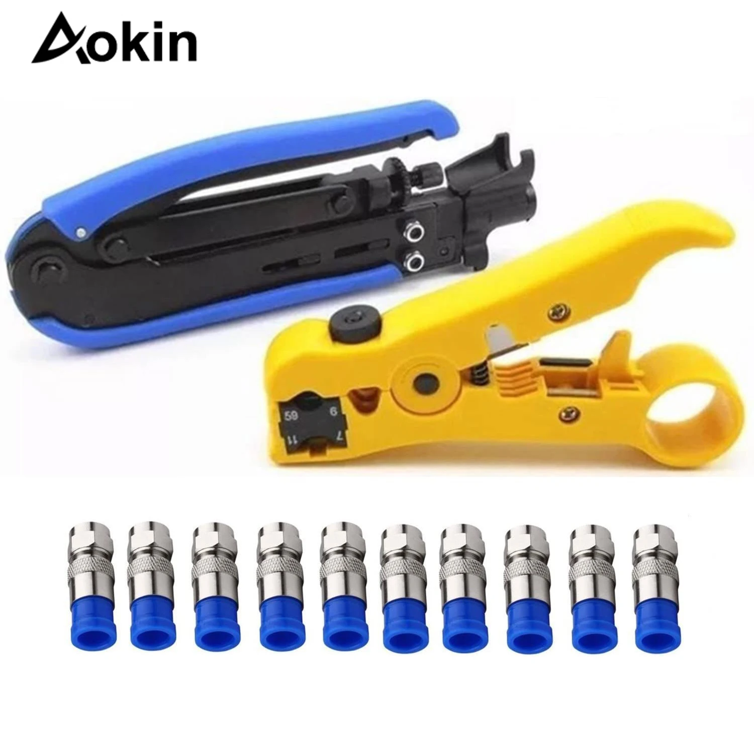 

Multitool Wire Stripping Squeezing Pliers Coaxial Cable Cold Press Clamp RG59 RG6 Cable TV Crimping Tool Set with 10 F Heads