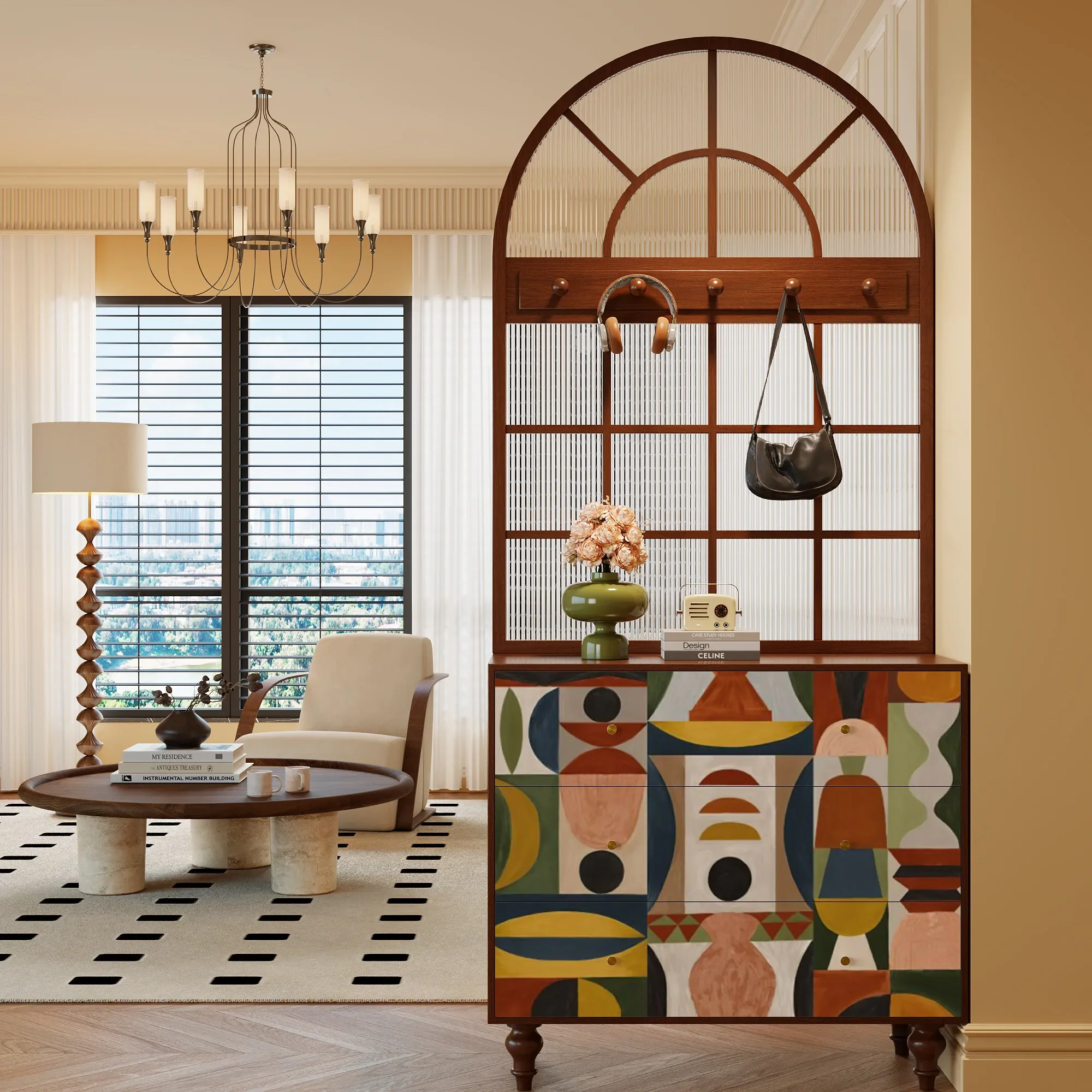 French retro abstract solid wood entry door screen Changhong glass partition living room storage locker
