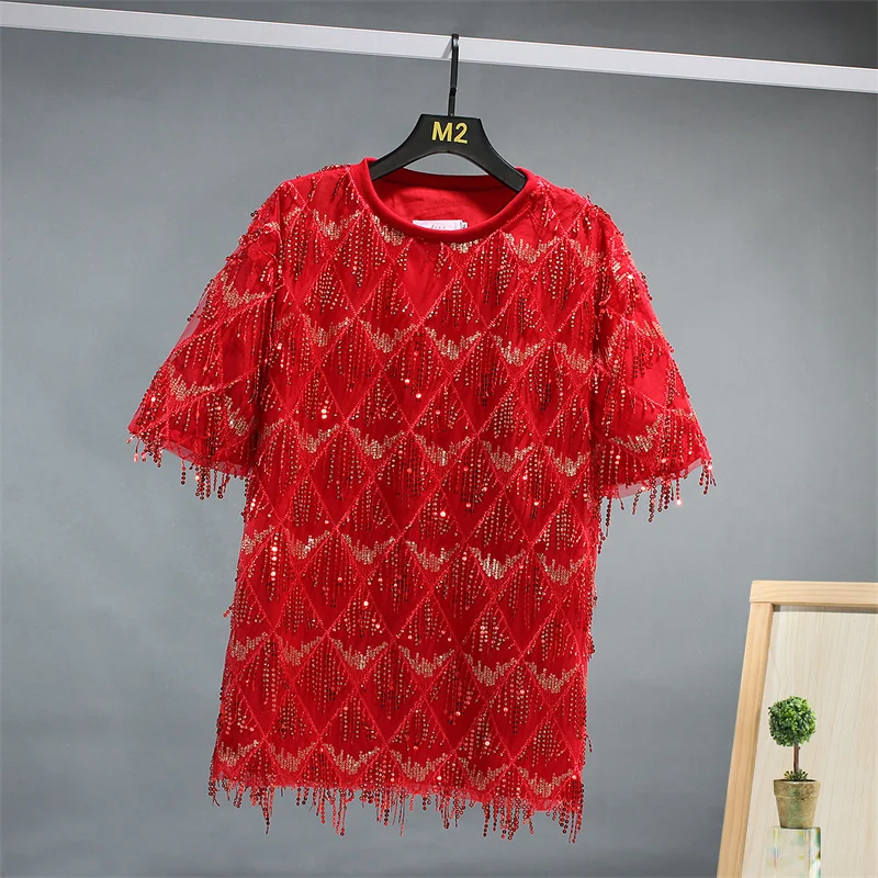 Sexy Shiny Sequin Short Sleeve T Shirt Men Summer Loose Tassel Man T-Shirts Nightclub Disco Stage Dance Performance Costume