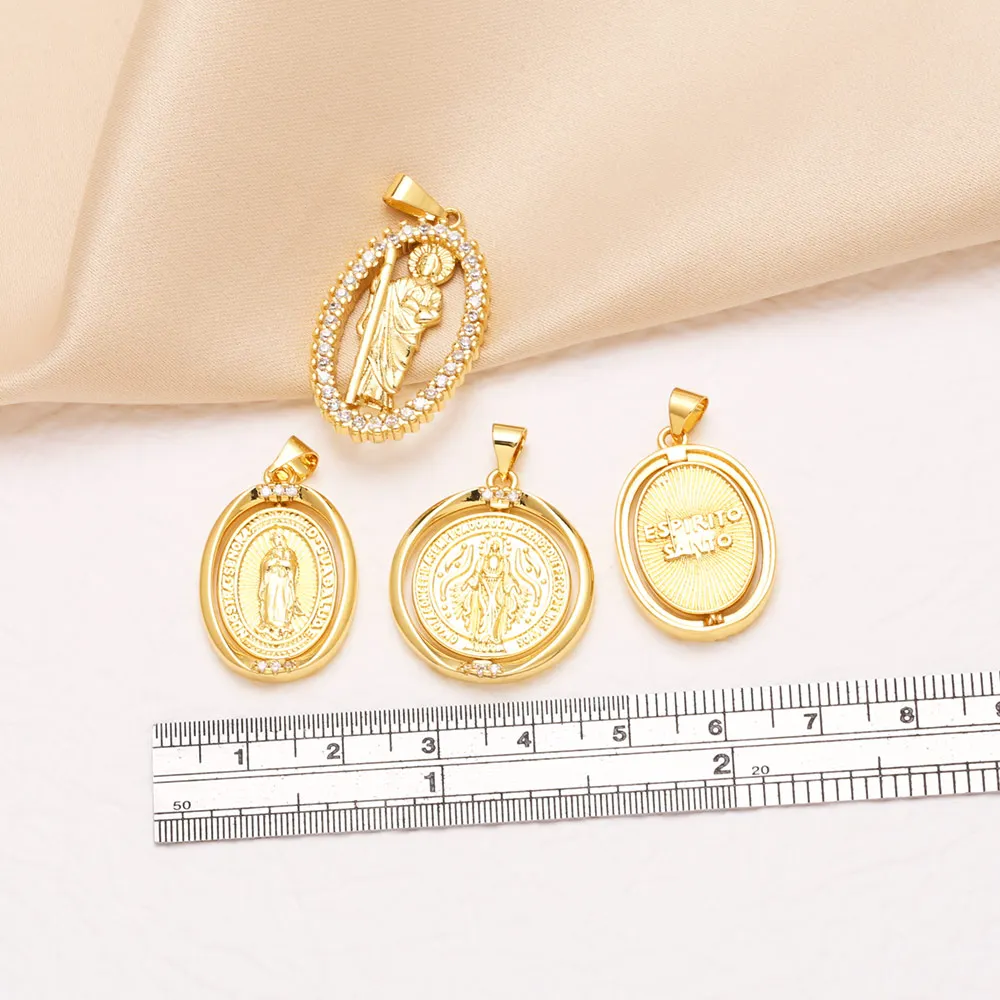 OCESRIO White Crystal Holy Spirit Oval Pendant for Necklace Copper Gold Plated Virgin Mary Jewelry Making Supplies pdta355