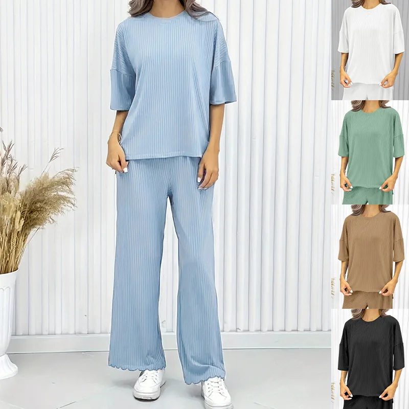 2025 Fall Winter Ribbed Loungewear Set Women Long Sleeve Pants Comfortable Pajama Set Minimalist Home Outfit Fashionable