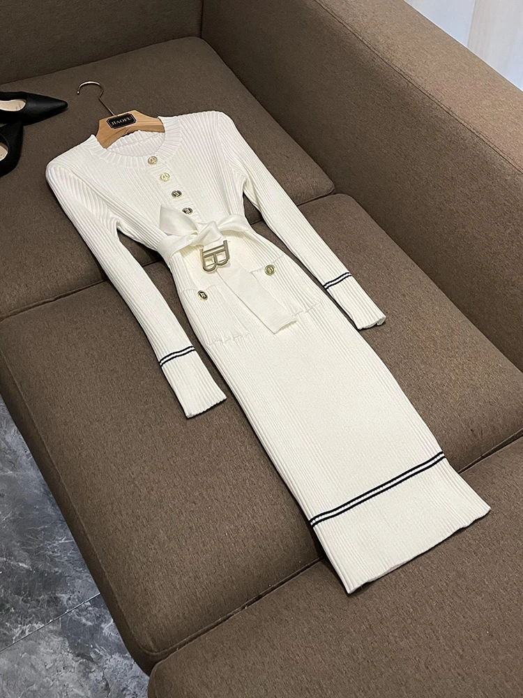 

Slimming Long Knitted Dr with Belt mid Waist Simple And Ele Winter Faion Casual Sle Ladies' Dr Ci Commute