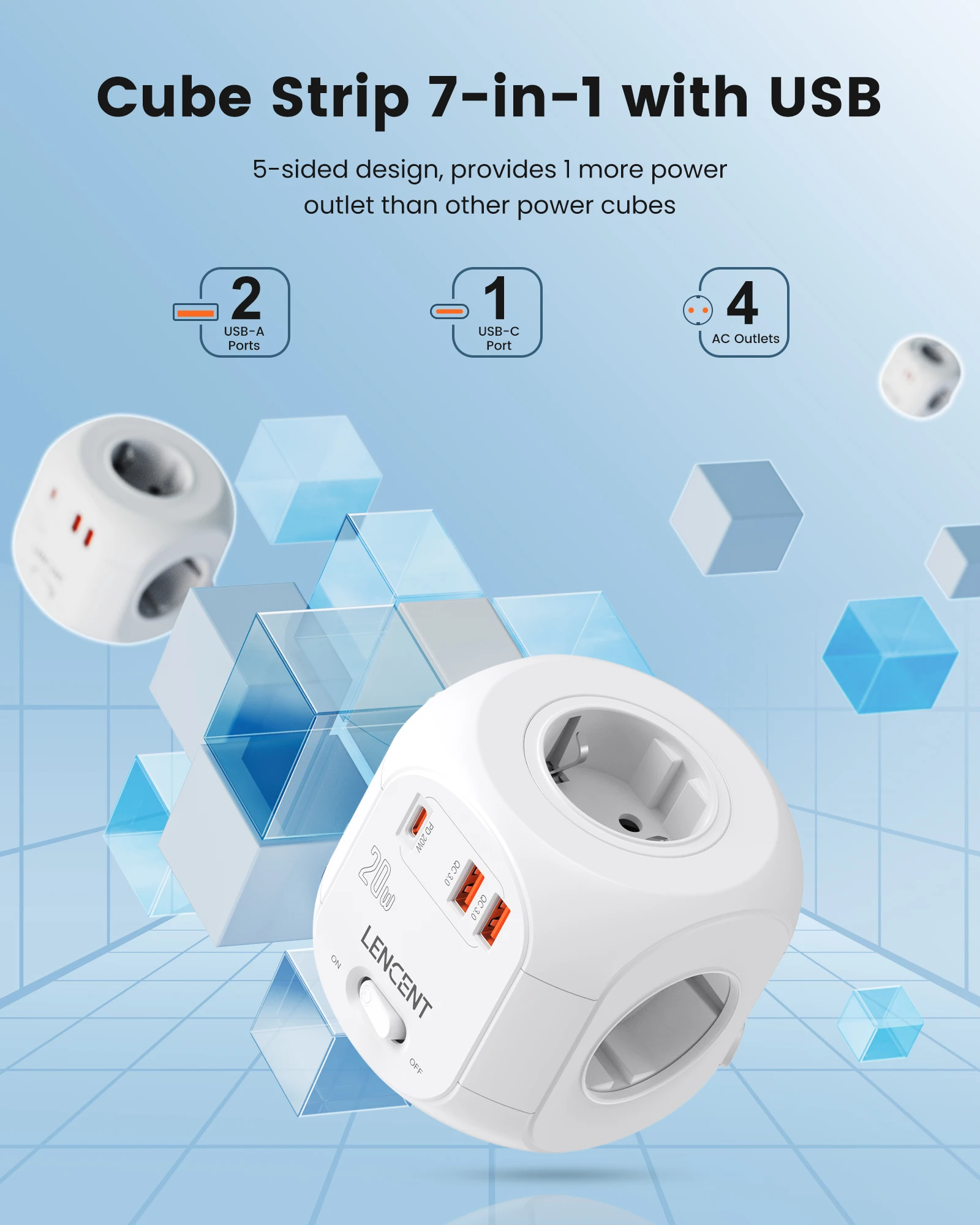 LENCENT Power Strip Cube with 4 AC Outlets +2 QC3.0 USB +1 PD20W Type C 2M/3M Braided Cable Multi Socket with Switch for Home
