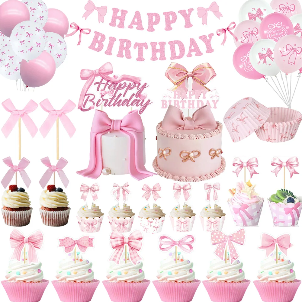 Lazo rosa para decoración de pastel de cumpleaños, adorno para tarta de feliz cumpleaños, envoltura para magdalenas, decoración para hornear, boda, Baby Shower, pastel de cumpleaños