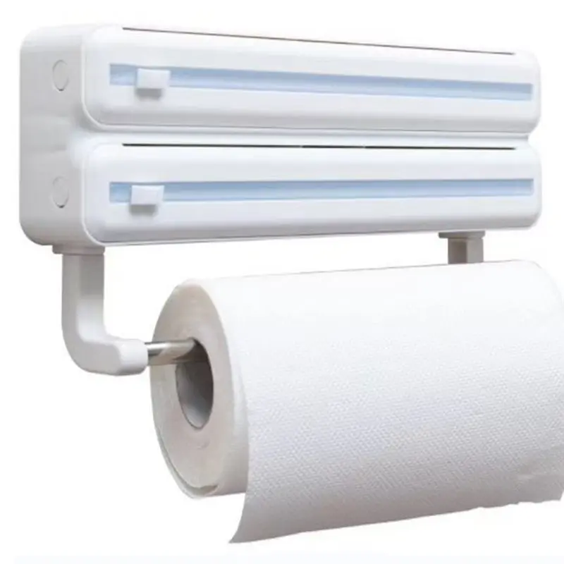 B23B Aluminum Foil Cling Film Organizer With Cutter, Wall Mount Wrap Dispenser- Paper Towel Holder Included White