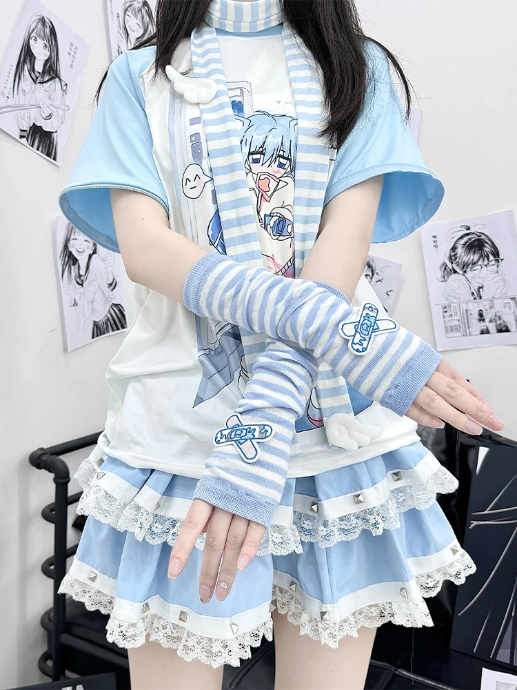 Japanese water color sky blue striped Band-Aid two-dimensional sleeve Spice girl y2k subculture dew finger versatile glove women